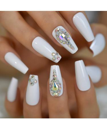 White 3D Shiny Holo Gems French Coffin Ballet False Nail Set | Coolnail Press-On Nails - 24pcs/set - Buy Online on SooperMarket.com