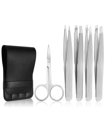 Precision Tweezers for Women Ingrown Hair Professional Eyebrow Tweezers and Scissors Good Tweezers for Plucking Splinter Facial Hair Removal (Silver) 5Pack Silver