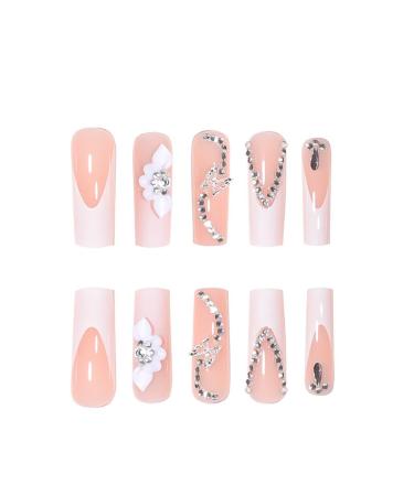 RikView French Tip Square Press-On Nails | Long Glossy White Nails with 3D Flowers | 24 PCS Stick-On Fake Nails - Buy Online on SooperMarket.com