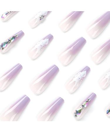 24pcs Light Purple Rhinestone Flower Pattern Long Coffin False Nails - French Fake Nails for Women and Girls - Buy Online on SooperMarket.com