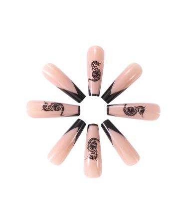 Brishow Pink Long Press-On Nails with Black Dragon French Design | 24-Piece Artificial Nails for Women & Girls - Buy Online on SooperMarket.com