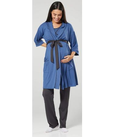 Happy Mama Maternity Nursing 3pcs Nightwear Set - Blue Jeans & Graphite - Buy Online on SooperMarket.com