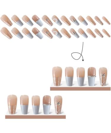 yilin 1Set Star Moon Color Blocking Wearable Nail Sea Salt Macaron Color Clear Diamond Model - Buy Online on SooperMarket.com