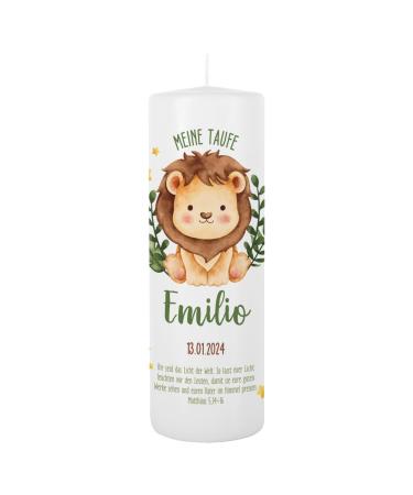 Striefchen baptism candle 250/80 mm with animal motifs and imprint of name and date as well as baptismal saying (lion)