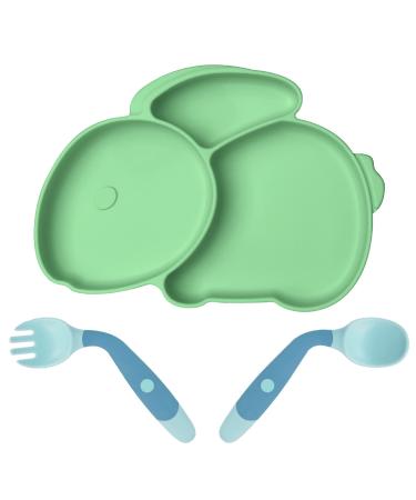 Vicloon Baby Suction Plate Silicone Baby Suction Plates for Toddler Kids Self Feeding Non Slip Baby Weaning Plate with Spoon and Fork Baby Toddler Plate for Kids High Chairs and Tables (Green)
