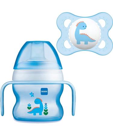 MAM Starter Cup and MAM Handles with 0+ Months Start Soother Baby Cup for 4+ months Baby Feeding 1x 150 ml Blue (Designs May Vary) Blue 2 Piece Set Blue with Soother