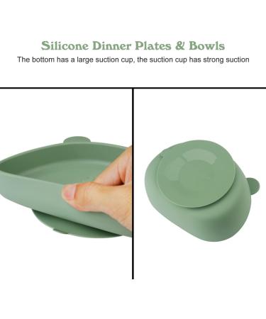 Qshare Suction Baby Plate and Bowl Set | Fork Spoon | Silicone Feeding Supplies for Toddler Self-Feeding | BPA-Free | Bears-Green - Buy Online on SooperMarket.com
