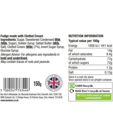 Bon Bon's Gourmet - Clotted Cream Fudge Bag Handmade British Fudge 150g - Buy Online on SooperMarket.com