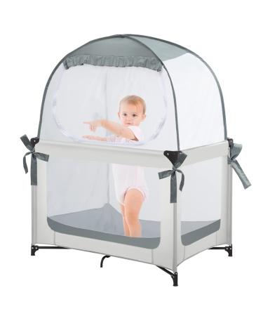 L RUNNZER Baby Pack N Play Tent, Baby Crib Safety Tent to Keep Baby from Climbing Out, Baby Crib Canopy for Pack N Play, Mini Cribs & Playpens, Pop Up Design & See-Through Mesh Gray Pack N Play Tent