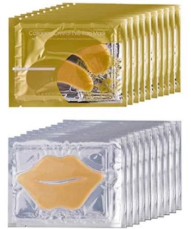Theshiry 10 Pairs Collagen Crystal Eye Mask and 10 Pcs Collagen Crystal Lip Mask  Anti Aging Eye and Lip Mask  Collagen Crystal Mask Set (Gold)