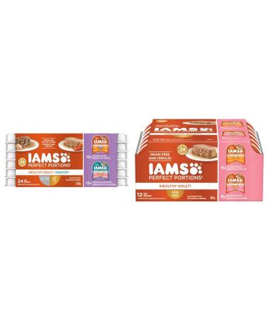 IAMS Perfect PORTIONS Adult Wet Cat Food - Chicken CIG and Indoor Salmon Pat Variety Pack 75g & Perfect PORTIONS Healthy Adult Wet Cat Food Pat - Chicken and Salmon 12CT Multipack 75g Tray Chicken & Salmon Wet Cat Food + Cat Food 75 g (Pack of 12)