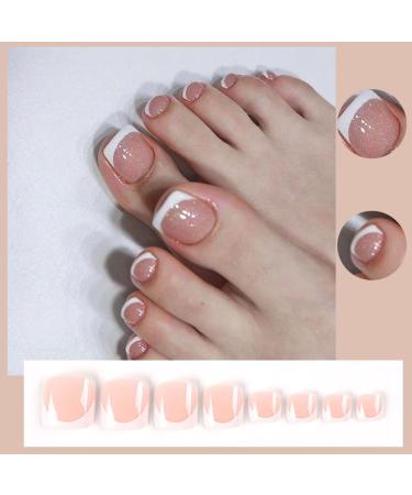 White Glitter Short Square Toe Fake Press On Toenails | Glossy Acrylic False Toenails for Women - 24pcs - Buy Online on SooperMarket.com