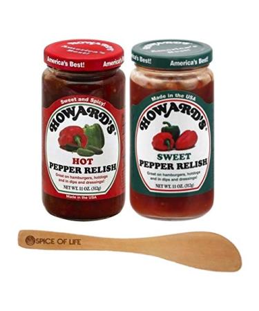 Howard's Hot Pepper Relish and Sweet Pepper Relish, 11 Ounce (Pack of 2) - with Spice of Life Spreader