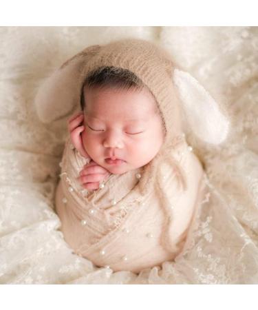 Newborn Photography Props Wrap Set with Pearl Decor - Snow Powder/Beige | Handmade Knit Blanket Swaddle for Baby Photo Shoots - Buy Online on SooperMarket.com