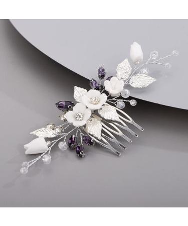 Chargances Wedding White Flower Hair Comb Bridal Rhinestone Leaf Crystal Hair Side Comb Purple Handmade Headpiece Hair Accessories for Women and Girls (Purple)
