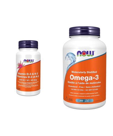 Now Foods Vit D-3 1 000 IU & K2 45mcg 120vcap & NOW Supplements Omega-3 1 000mg Softgels 200 Count