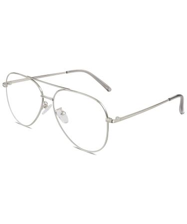 GQUEEN Pilot Style Fake Glasses Without Prescription Women Men Retro Metal Frame UV400 1 Silver