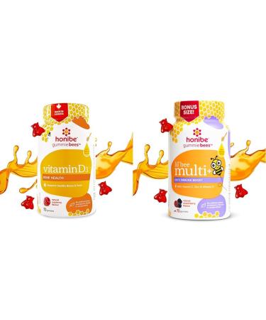 Honibe Vitamin D Gummies for Kids and Adults | Honey-Based Vitamins Made in Canada & Kids Multivitamin Gummies Plus Immune Boost | Honey-Based Vitamins Made in Canada | 70 gummies
