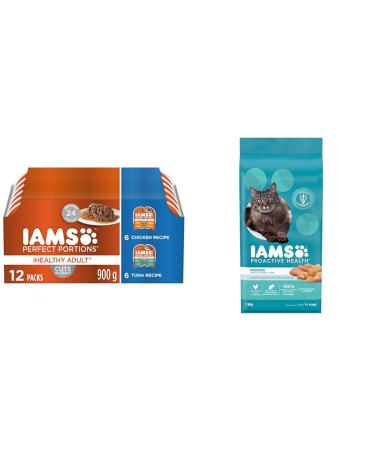 IAMS Perfect Portions Healthy Wet Cat Food Adult Grain Free Cuts in Gravy - Chicken and Tuna 12CT & Proactive Health Dry Cat Food Adult - Indoor Weight & Hairball Care - Chicken & Turkey 3.18kg
