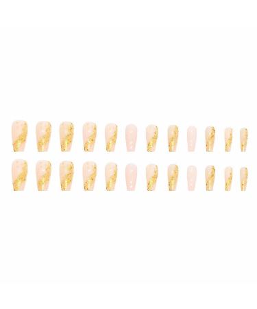 MISUD 24pcs Long Coffin Press on Nails - Bling Gold Glitter & Elegant Nude Pink Gel False Nails with Design - Buy Online on SooperMarket.com