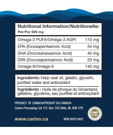 Carino Omega 3 Harp Seal Oil Capsules - DHA EPA & DPA - Superior Source of Omega-3 - Highly Digestible & Bioavailable - Better Results & No Fishy Burps - Pure & Natural - Sustainably Sourced - Product of Canada - Buy Online on SooperMarket.com