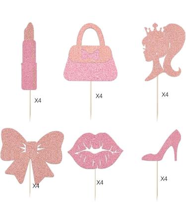 24 PCS Hot Pink Girl Cake Toppers - Glitter Princess Birthday Cupcake Decorations - High Heel Lipstick bowknot Cupcake Picks for Wedding Baby Shower Anniversary Girl Birthday Themed Party Supplies - Buy Online on SooperMarket.com