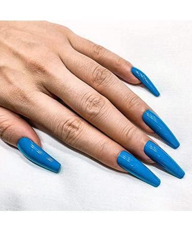 Brishow Artificial Nails Long False Nails Ballerina Acrylic Pure Color Press on Nails 24pcs for Women and Girls (Blue)