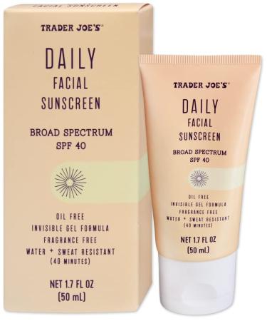 Trader Joe s Daily Facial Sunscreen Broad Spectrum SPF 40 Oil Free Invisible Gel Formula Fragrance Free Water Sweat Resistant ''Supergoop Dupe'' 1.70 Fl Oz (Pack of 1)