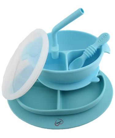 Yummy Baby Toddler Weaning Silicone Suction Divided Plate Bowl with Lid & Matching Spoon and Straw -Kids Placemat Stay Put Non Slip Feeding Dish BPA Free -(Blue Set)