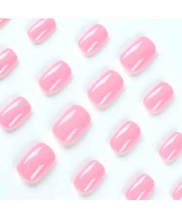 Rose Pink Square Press-on Nails - Full Cover Short Fake Nails for Women & Girls | Glossy Acrylic Design - Barbie Powder - Manicure Art Decor - Buy Online on SooperMarket.com