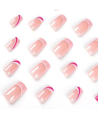 24 PCS French Tips Press on Nails Medium Length Glossy Pink White False Nails - Full Cover Design for Women, Girls, Party & Salon - Buy Online on SooperMarket.com