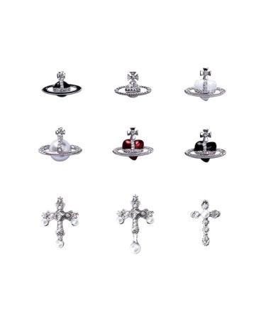 Planet Nail Art Charms Y2k 3D Rhinestone Saturn Pearl Nail Gems Sparkle Shiny DIY Crafts for Nail Jewelry Handcrafts (9PCS)