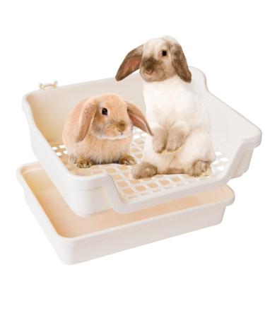 HoppScotch.bun Large Rabbit Litter Box w Plastic Grid & Dump Tray-Bunny Poop Tray Safe for Bunny Feet Pet Waste Station for Bunny Supplies- Rabbit Cage Accessories for Training Corner Bunny Litter Pan Cream
