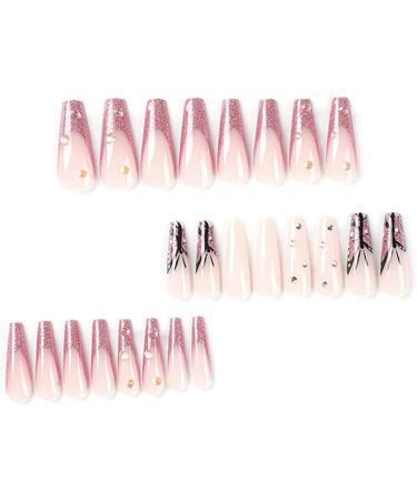 24pcs Long Coffin Shaped Ballet Fake Nails with Rhinestone Butterfly Pattern Design French Fake Nails for Women and Girls Nail Tips 19 - Buy Online on SooperMarket.com
