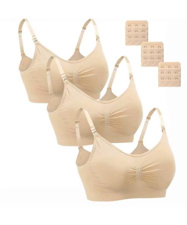 Dreamburn Maternity Nursing Bra Wireless Seamless Comfortable Breastfeeding Bras 4 Rows Adjust Hook with Removable Spill Prevention Pads Add Extenders M 3*beige Style1