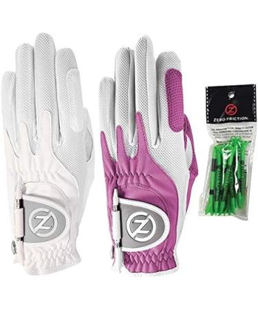 Zero Friction Ladies Compression-Fit Synthetic Golf Glove 2 Pack Includes free tee pack Universal-Fit - White-Lavender