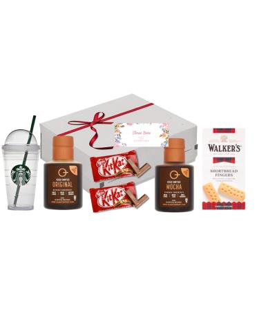 Temas Iced Coffee Snack Gift Bundle Includes Quarterpast Iced Coffee Original & Iced Mocha Short Bread Biscuit Reusable Coffee Cup & Nescafe KitKat