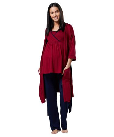 HAPPY MAMA Women's Maternity Nursing 3pcs Nightwear Set: Pants - Top - Robe 558p 8 Crimson & Navy