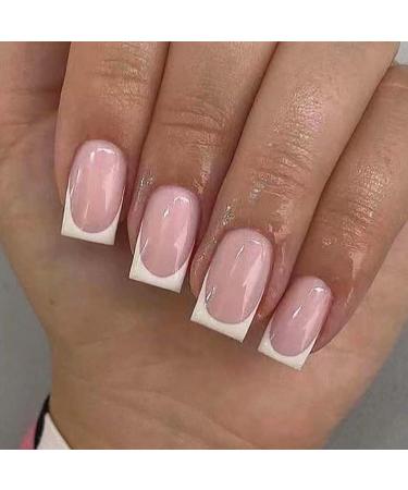 RikView French Tip Press on Nails Medium Fake Nails White Stick on Nails Square Pink Nails for Women Square French