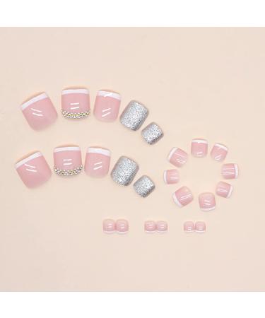 French Sparkling Rhinestone Fake Toe Nails Set - 24PCS Full Cover Short Square Press-on Toenails with Glue Sticker and File - Perfect for Women, Teens, and Girls - Buy Online on SooperMarket.com