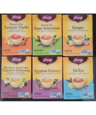 Yogi Tea - Digestion and Detox Tea Variety Pack Sampler (6 Pack) - Green Tea Super Antioxidant Ginger DeTox Blackberry Apple Cider Honey Chai Turmeric Vitality and Egyptian Licorice - 96 Tea Bags