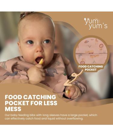 Yum Yum's Silicone Baby Bibs | Waterproof Long Sleeve Weaning Bib for Babies 6-12 Months - Toddler Apron in Pink Safari Print - Buy Online on SooperMarket.com