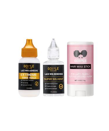 Goiple Wig Glue 1.34fl oz, Waterproof Lace Front Wig Glue for Wigs with Tools and Hair Wax Stick, Wig Glue*1/ Wig Glue Remover*1/ Hair Wax Stick*1 (38ML+30ML+0.56OZ)