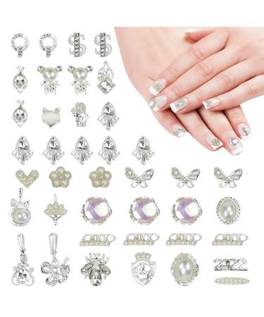 Sltaxar 40 pieces luxury zircon nail overlays nail silver nail art charms 3d alloy flower butterfly nail jewelry Steine nails metal nail pendant nail jewelry for gel nails accessories
