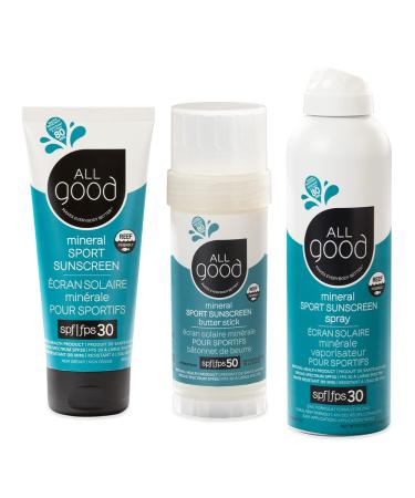 All Good Sport Mineral Face & Body Sunscreen - UVA/UVB Broad Spectrum  Water Resistant  Coral Reef Friendly  Gluten-Free - SPF 50 Butter Stick  SPF 30 Lotion & Spray