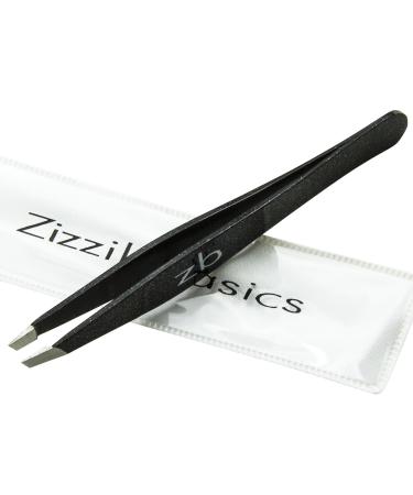 Tweezers - Surgical Grade Stainless Steel - Slant Tip for Professional Eyebrow Shaping and Facial Hair Removal - with Bonus Protective Pouch - Best Tool for Men and Women (Black)