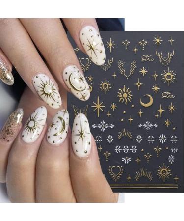 10 Sheets Metallic Nail Art Stickers - Self-Adhesive Decals with Glitter Stars, Moon, Love Heart - Gold & Silver Designs for Women DIY Nail Art - Buy Online on SooperMarket.com