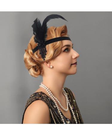 Handcess 1920s Flapper Feather Headband Black Feather Beaded Headband Women's Vintage Flapper Headpiece 20's Theme Cocktail Hair Accessories for Costume Prom Carnival Theme Party - Buy Online on SooperMarket.com