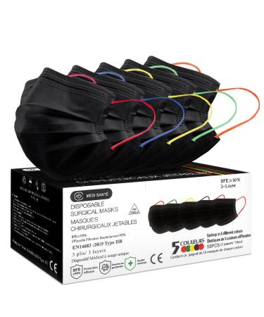 MEDI SANT 50 pieces black surgical masks protective mask with ELASTIC color type IIR EN14683-2019 BFE 98% 3-ply black ELASTIC