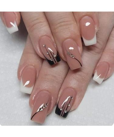 JUSTOTRY 24 Pcs Short False Nails Square White French Press on Nails with Diamonds Pattern Pretty Fake Nails Short with Nail Glue Stick on Nails for Women Squoval Nails Fake Nail for Nails Art swirl&white1
